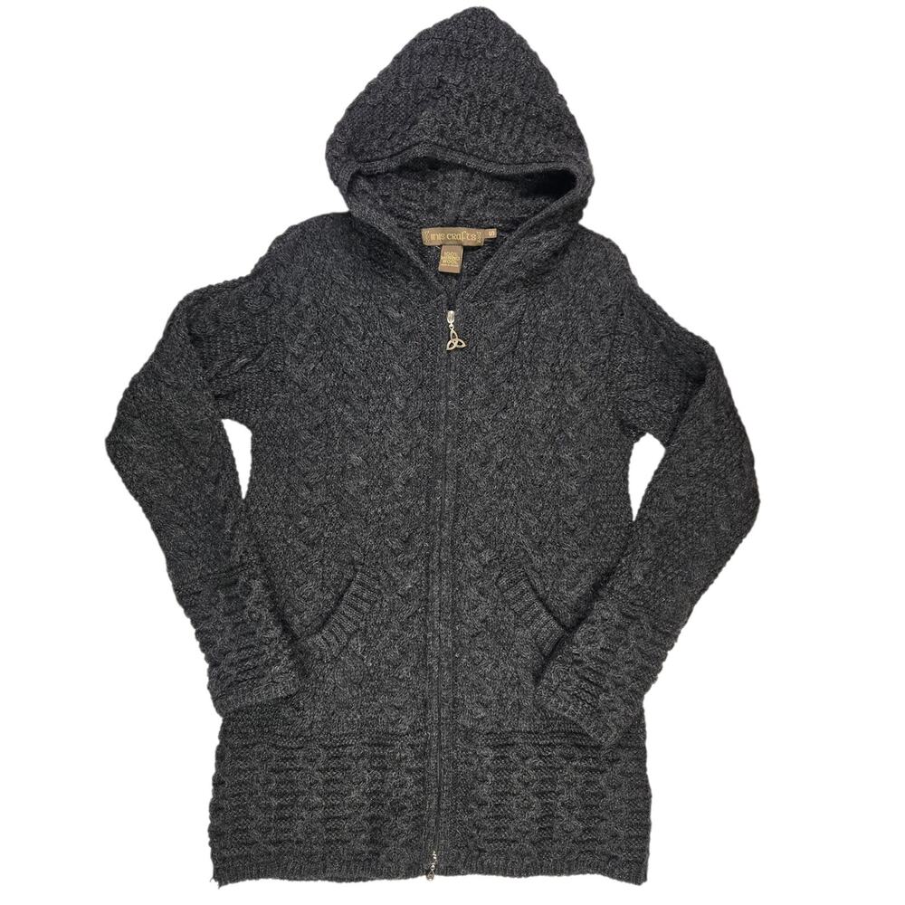 Womens Inis Crafts Cardigan Size Small Gray Long 100% Wool Zip Hood